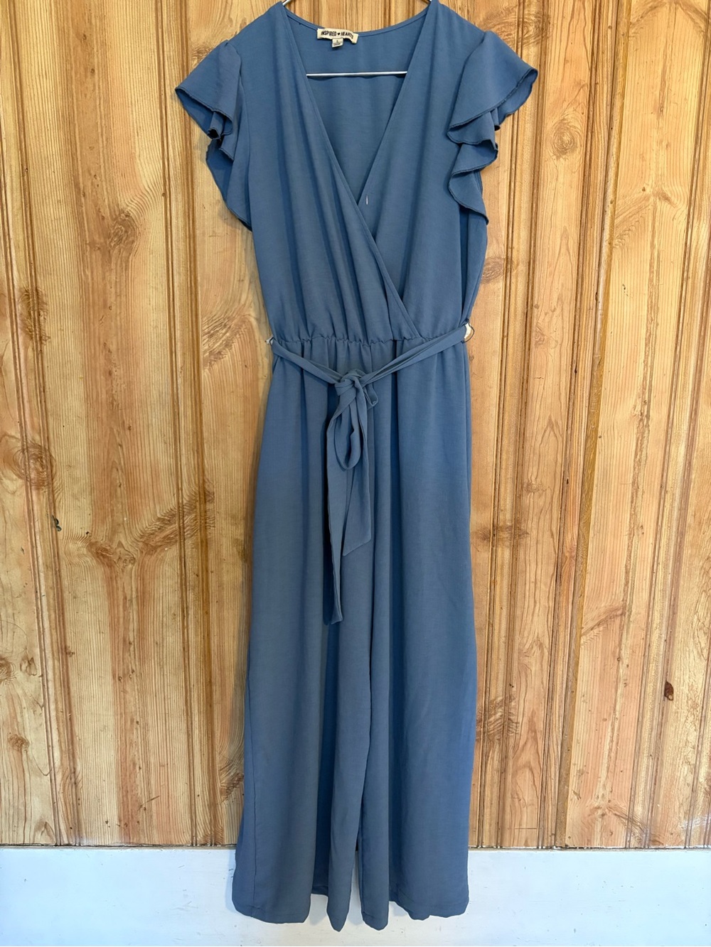 Inspired Hearts Dusty Blue Wrap Maxi Jumpsuit with Tie Waist size L - Picture 2 of 14